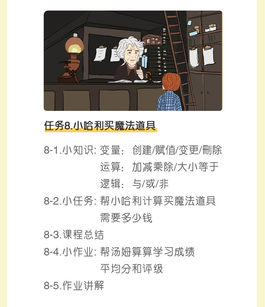 任务8.小哈利买魔法道具 | 8-1.小知识: 变量：创建/赋值/变更/删除
                   运算：加减乘除/大小等于
                   逻辑：与/或/非
8-2.小任务: 帮小哈利计算买魔法道具
                   需要多少钱
8-3.课程总结
8-4.小作业: 帮汤姆算算学习成绩
                   平均分和评级
8-5.作业讲解