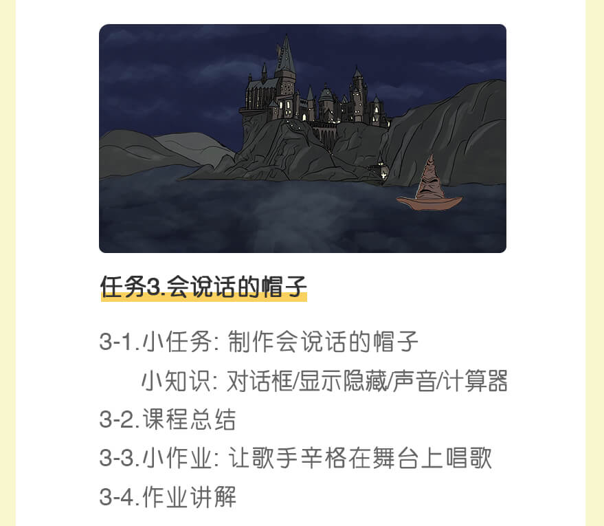 任务3.会说话的帽子 | 3-1.小任务: 制作会说话的帽子
      小知识: 对话框/显示隐藏/声音/计算器
3-2.课程总结
3-3.小作业: 让歌手辛格在舞台上唱歌
3-4.作业讲解